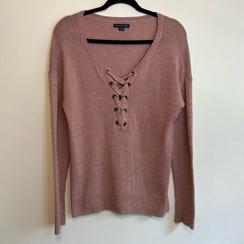 American Eagle AE Sz Medium M Lace Up Mauve Pink Purple Sweater Long Sleeve